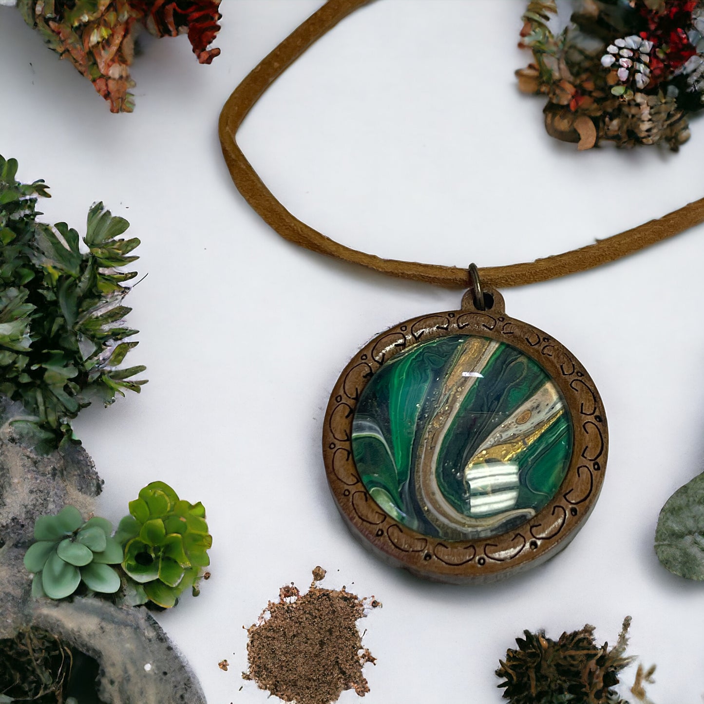Green and Gold Fluid Art Pendant
